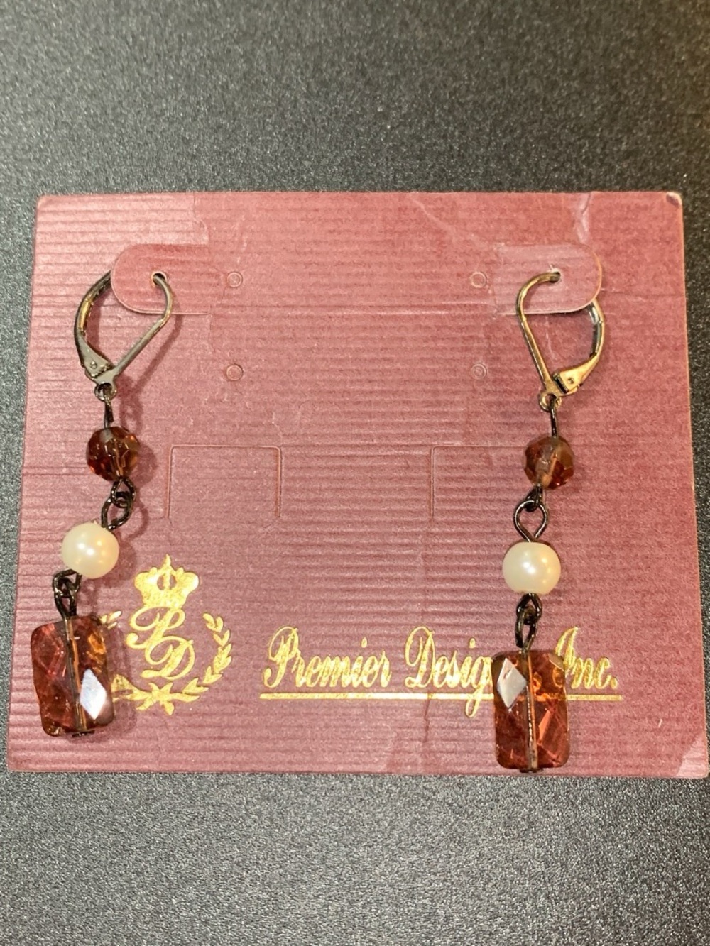 Premier Designs Amber Crystal and faux Pearl Drop Earrings
